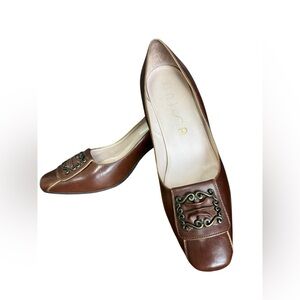 Unisa Brown Leather Pumps | Square Toe | Metal Accent | Size 10.5